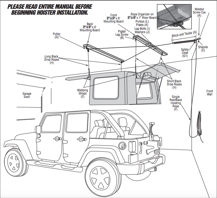 87 17 wrangler YJ TJ JK harken hoister garage storage 4 point lift system 003